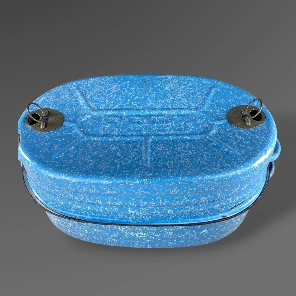 1911 Reed Blue Speckle Roaster Graniteware 3 Piece Dutch Oven Primitive Decor‎
